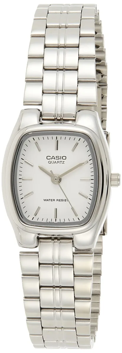 Rectangular white-dial watch on polished stainless steel bracelet