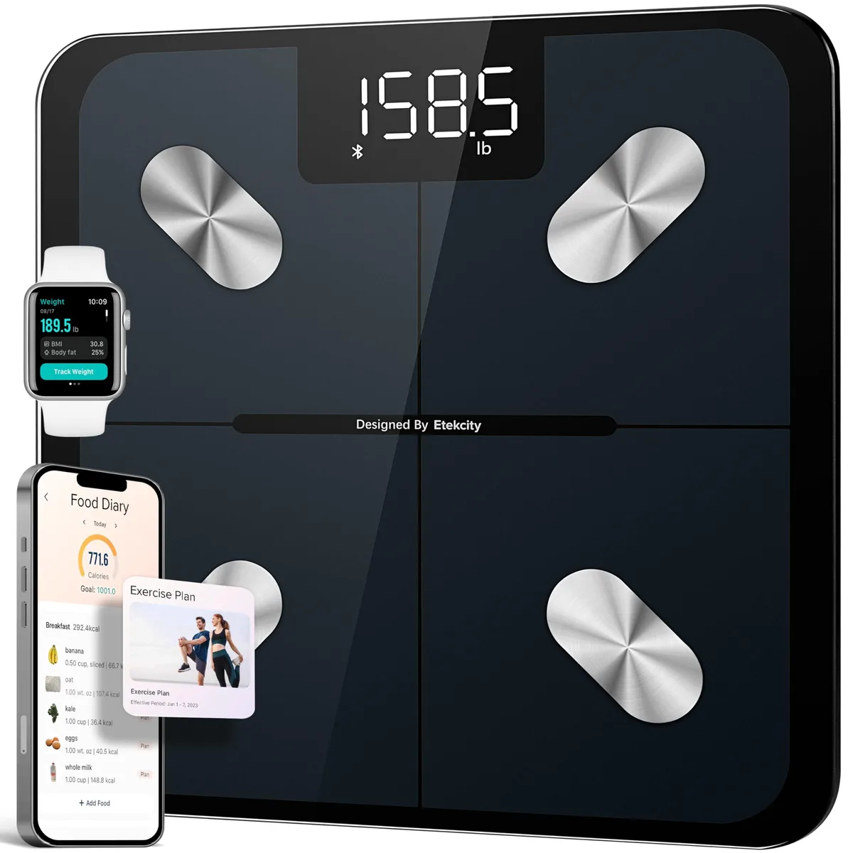 Black rectangular bathroom scale, 11 by 11 inches, slim profile