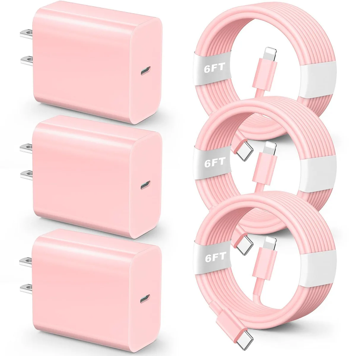 KEHIPI KEHIPI 20W PD USB-C charger 3-pack pink 6ft cable — product photo
