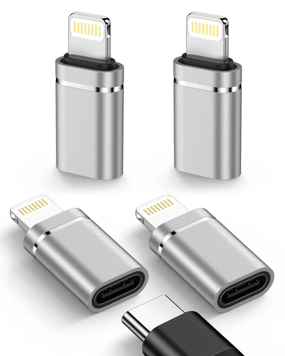 Four silver USB-C to Lightning adapters, male to female, compact design