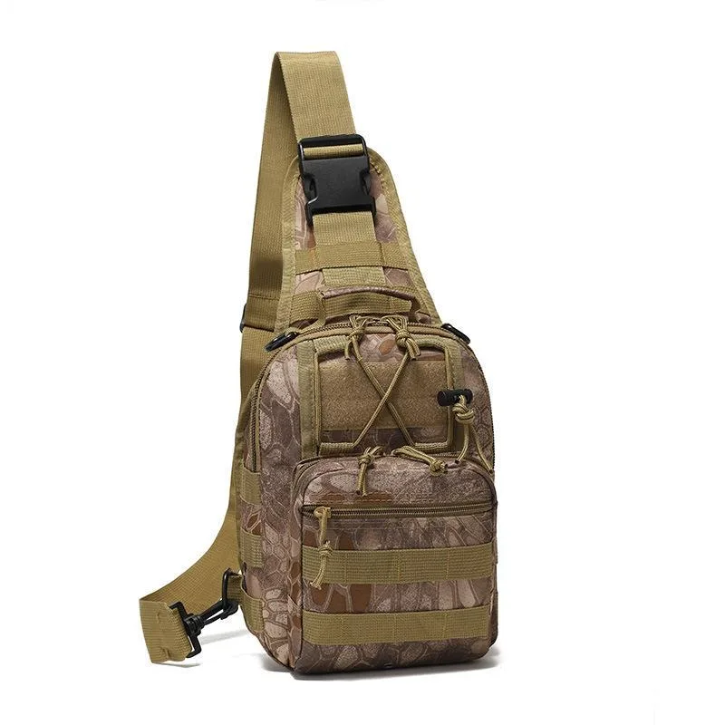 Tactical sling bag in mud python camouflage, rectangular shape with multiple compartments and adjustable shoulder strap