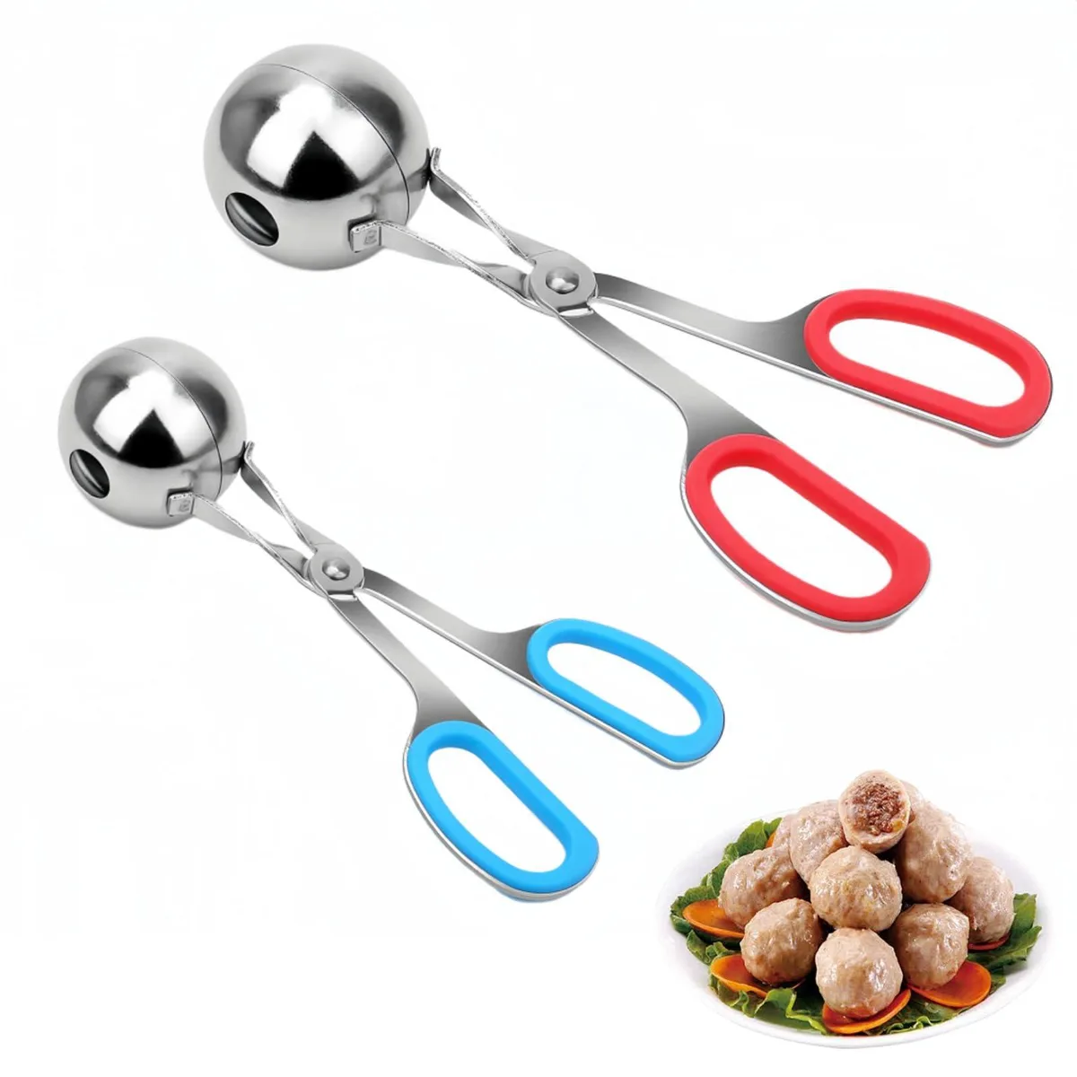 Two stainless steel meatball tongs with removable non-slip handles, 1.38" and 1.89" scoops