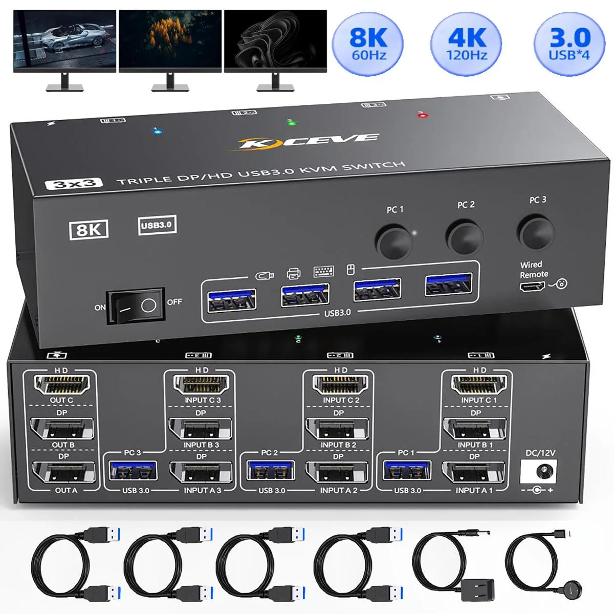 IHDAPP IHDAPP 303DH KVM Switch 3×3 8K@60Hz 4K@144Hz HDMI+2DP 4×USB3.0 — product photo