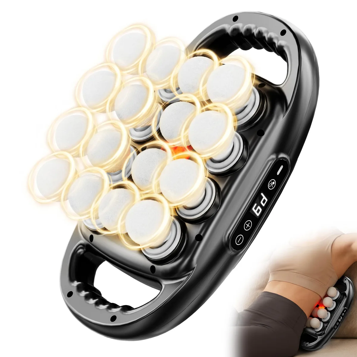Handheld percussion massager with 16 interchangeable heads, matte plastic body, ergonomic anti-slip grip