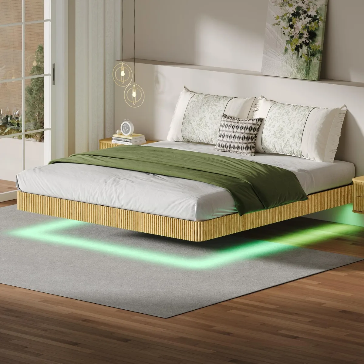tuphen Oak King floating bed frame with LED arc lighting, oak finish