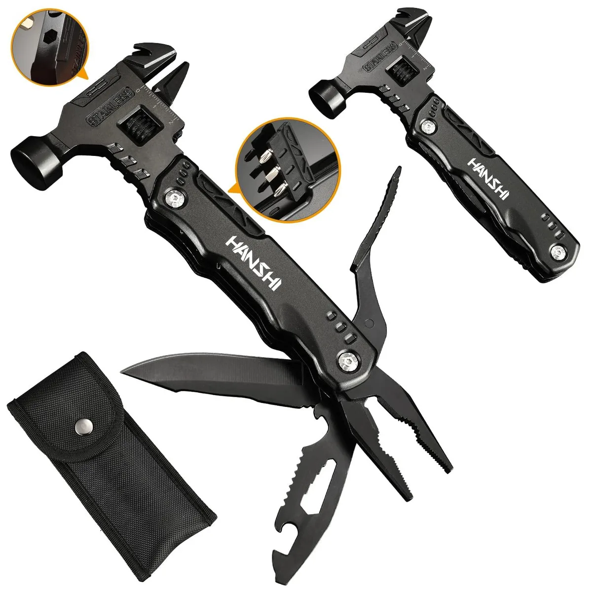 Blue 16-in-1 adjustable wrench multitool pliers with nylon sheath