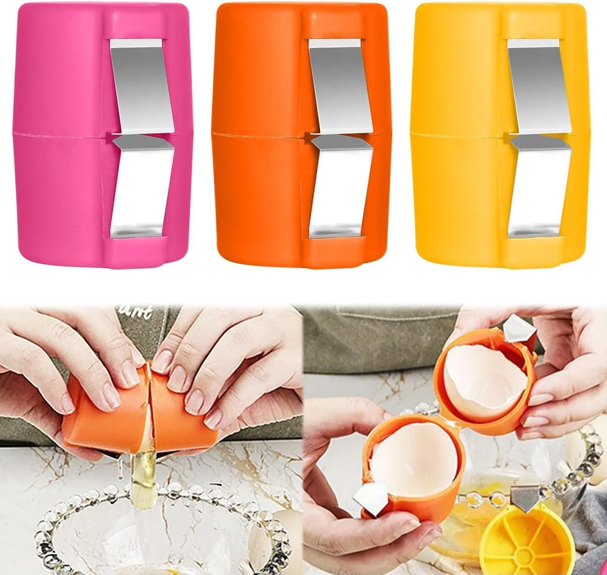 Three small stainless-steel egg openers with oval grooves and PP handles, shown as a set