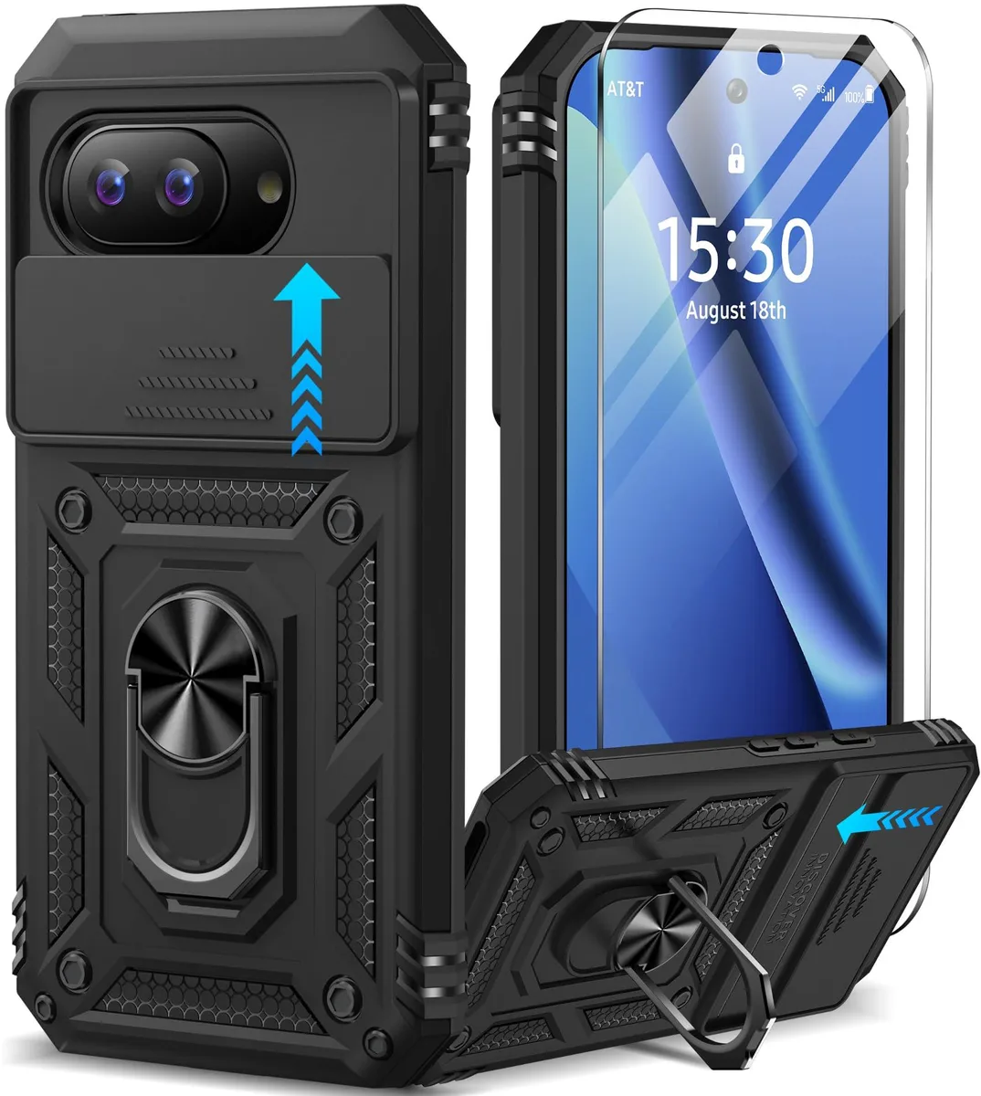 Black protective case with built-in magnetic ring stand and sliding camera cover