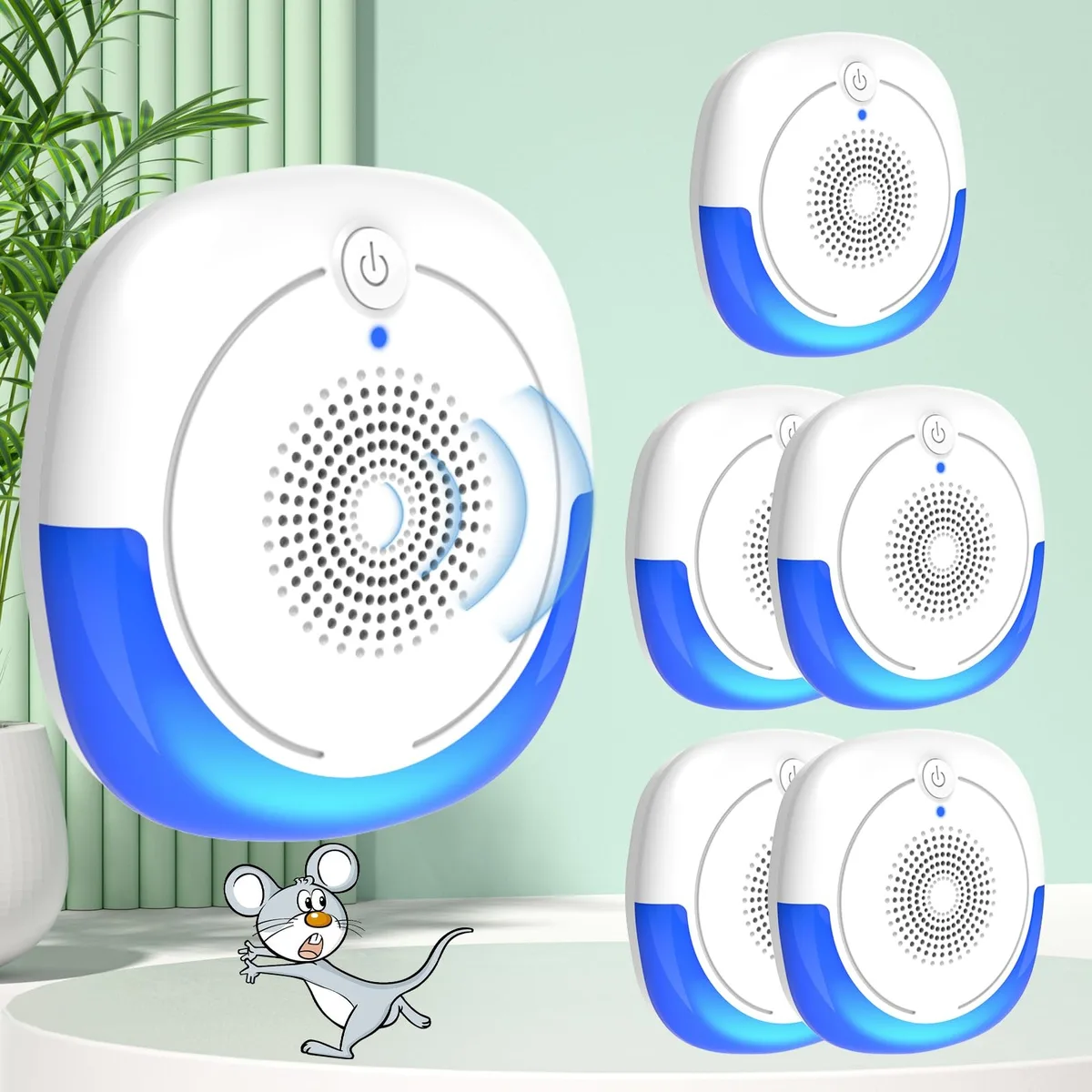 Six small white plug-in units with dual-mode buttons