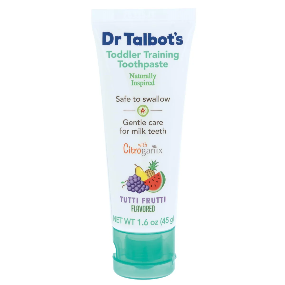 Small clear tube of toddler toothpaste with flip cap