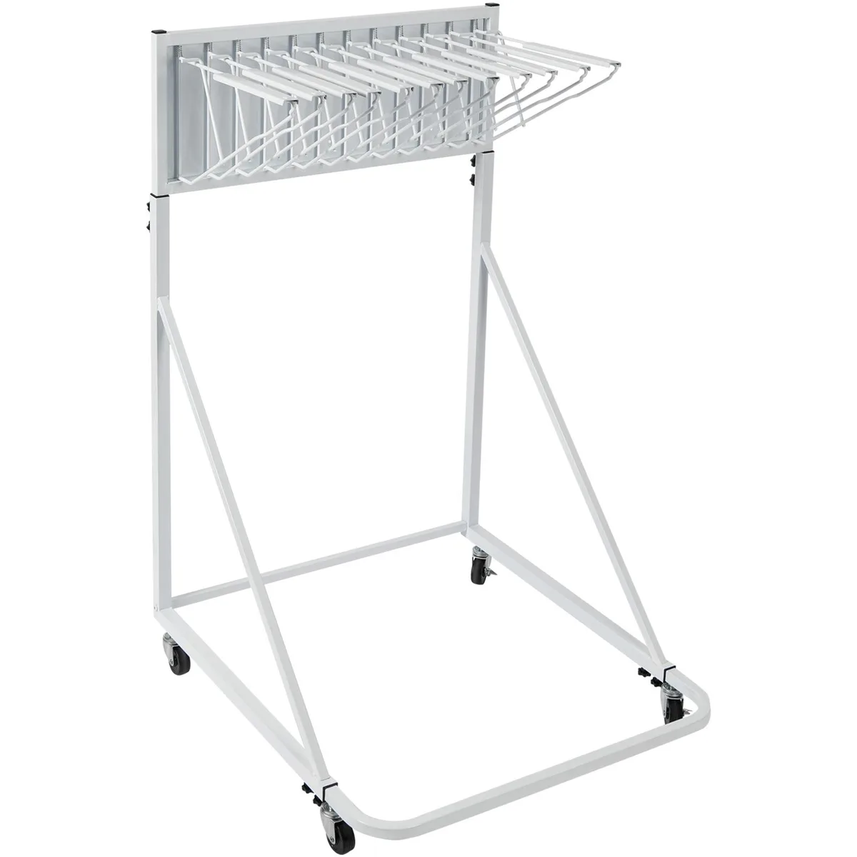White metal mobile blueprint rack with twelve pivot brackets on four casters