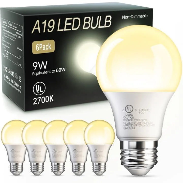  TJOY A19 LED Light Bulbs 6 Pack 60W Equivalent 9W 2700K E26 800LM 80 CRI Non-Dimmable — product photo
