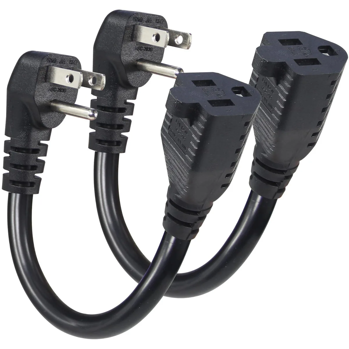  KUNCAN 14AWG 90° Flat Plug Power Extension Cord 6" 15A 125V 1875W Black 2-Pack — product photo