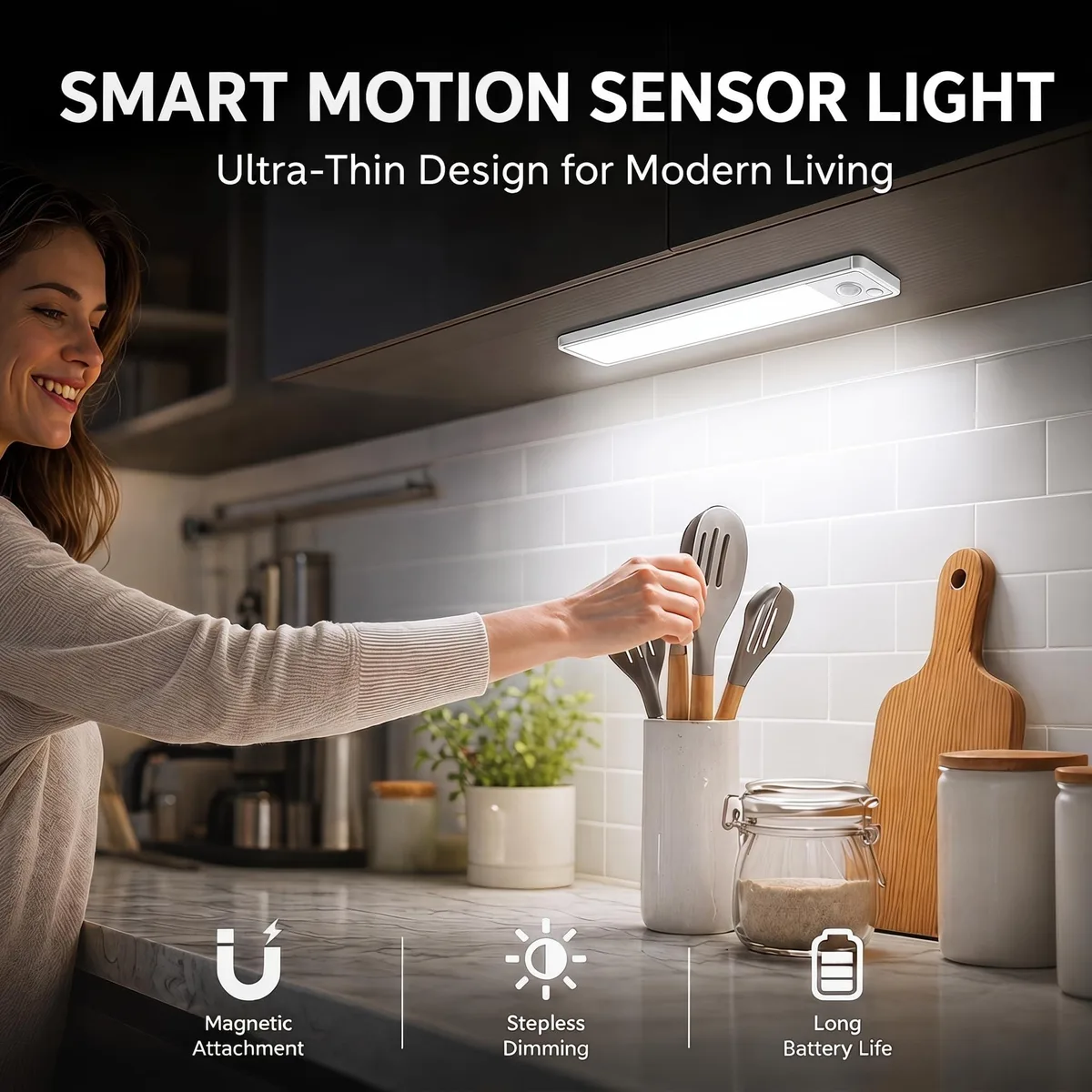 Five white rectangular LED bars with magnetic backs and touch buttons