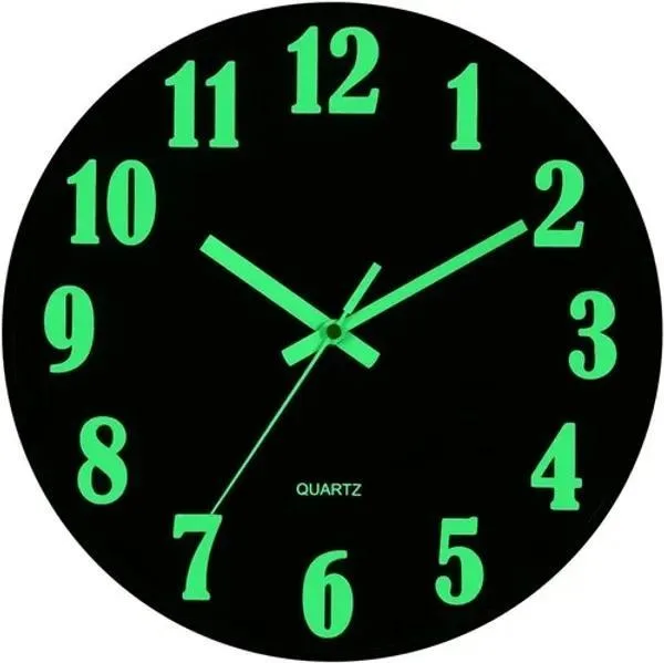 Round 12-inch wall clock with black frame white dial luminous numbers and hands glossy plastic glass cover