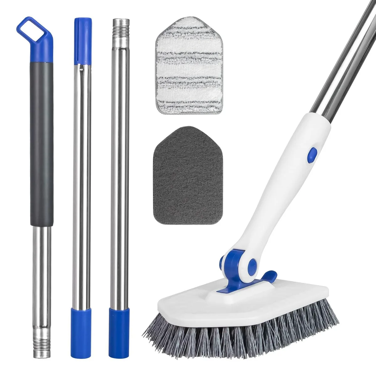 Blue scrubber brush with 52-inch adjustable stainless handle and three interchangeable heads