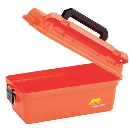 Orange plastic portable tool box with swivel handle and top access storage 15 inches wide