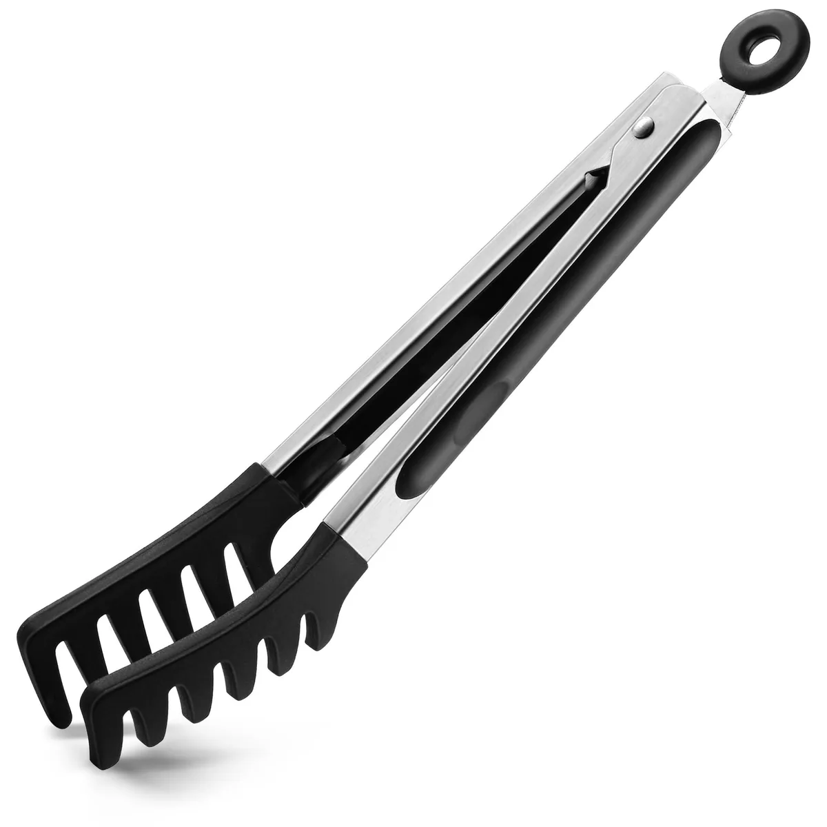 Nine-inch pasta tongs with black silicone heads and stainless steel handles