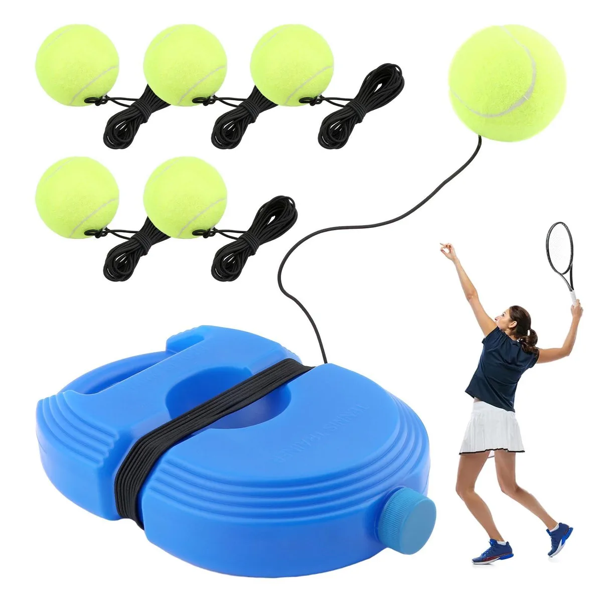 Yellow tennis trainer base with tethered ball and carry handle