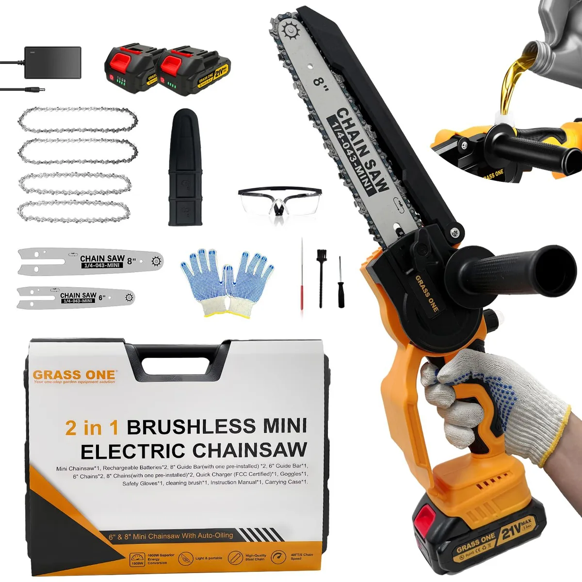  Grass One 8 inch &amp; 6 inch Mini Chainsaw 2026 Upgrade 2× 2000mAh 21V 1000W 20000RPM 40 ft/s — product photo