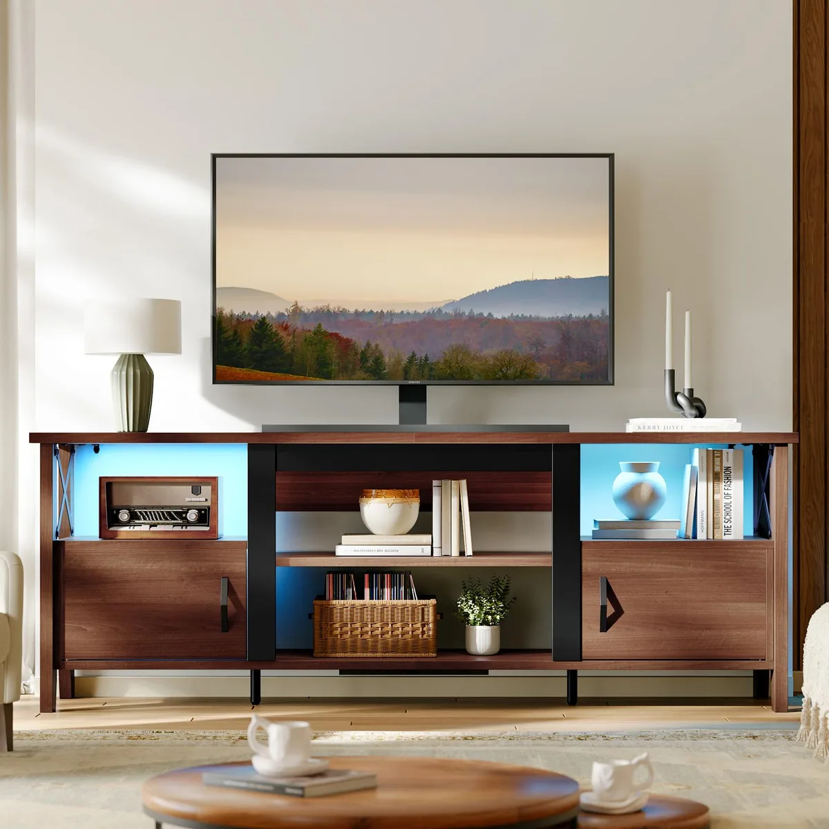 Bestier Bestier Farmhouse TV Stand 63" Ancona Walnut LED Lights 2 Cabinets — product photo