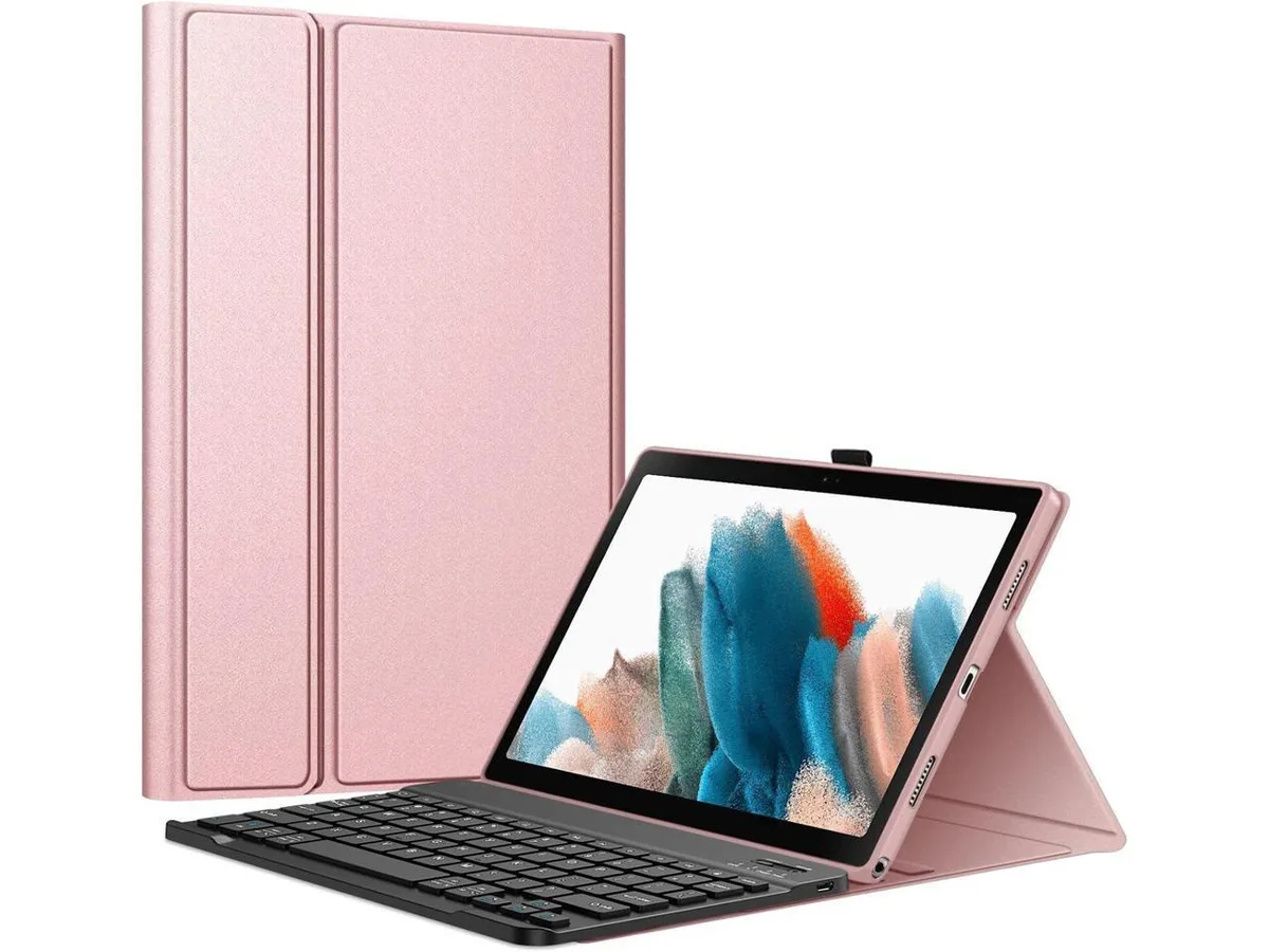 Rose Gold wireless keyboard case for 10.3 inch tablet, slim leather shell with detachable keyboard