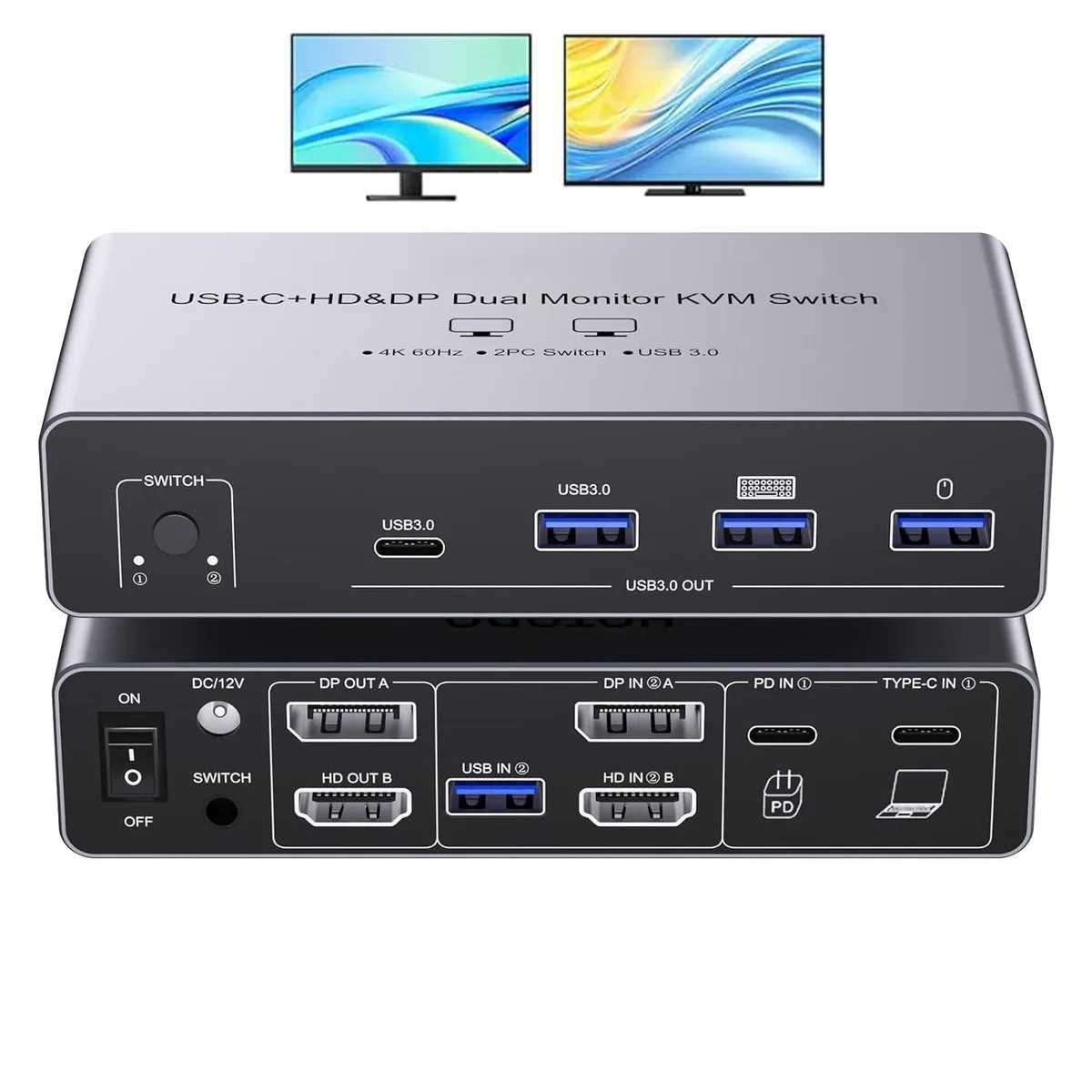 WRIARICH WRIARICH USB-C HDMI DP KVM Switch 2 Monitors 4K@60Hz 4 USB 3.0 Ports PD Charging Wired Remote — product photo