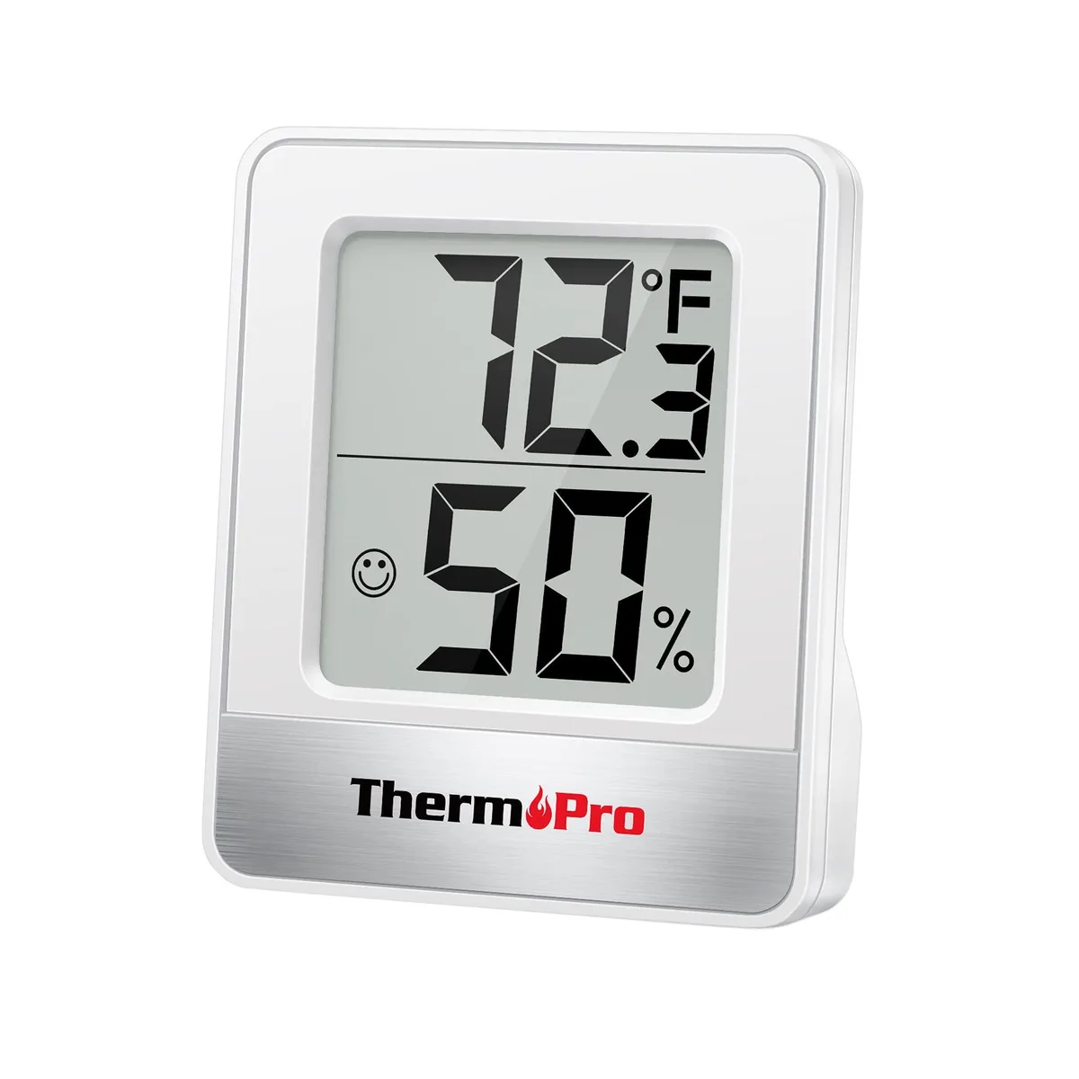 Small black rectangular digital hygrometer thermometer with large LCD digits and comfort face icons, 35 grams