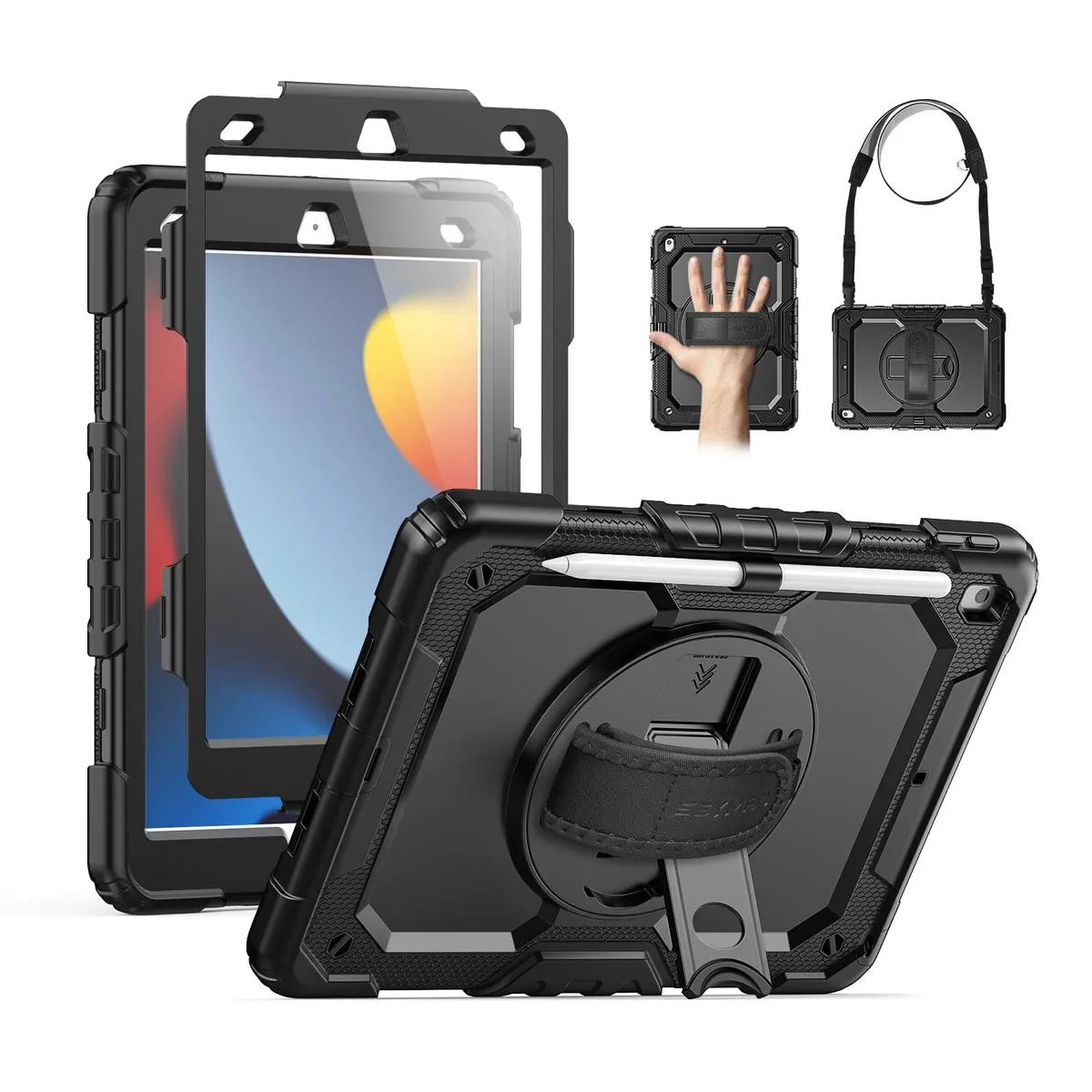  Speck A2602 iPad 10.2" 2019-2021 Shockproof Case with Screen Protector &amp; 360° Stand/Handle/Strap, Black — product photo