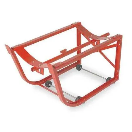 Red powder-coated steel drum cradle with four rigid casters, unassembled