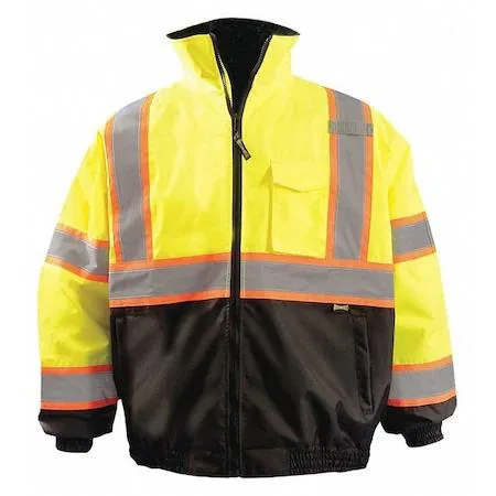 Yellow bomber jacket with X-back reflective stripes, zipper front, packable hood, size S