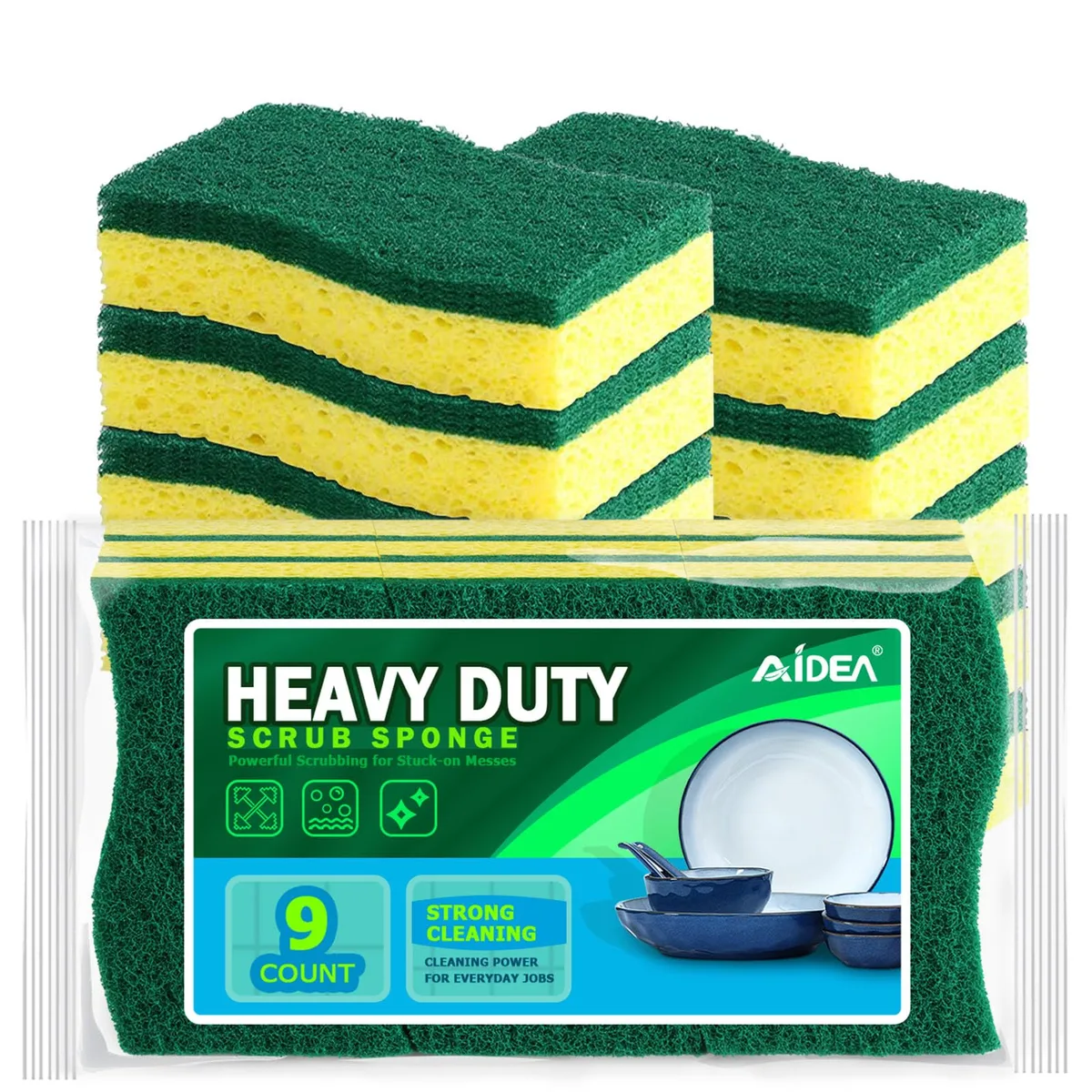 Nine yellow dual-sided sponges with green abrasive pads, stacked in a rectangular pack