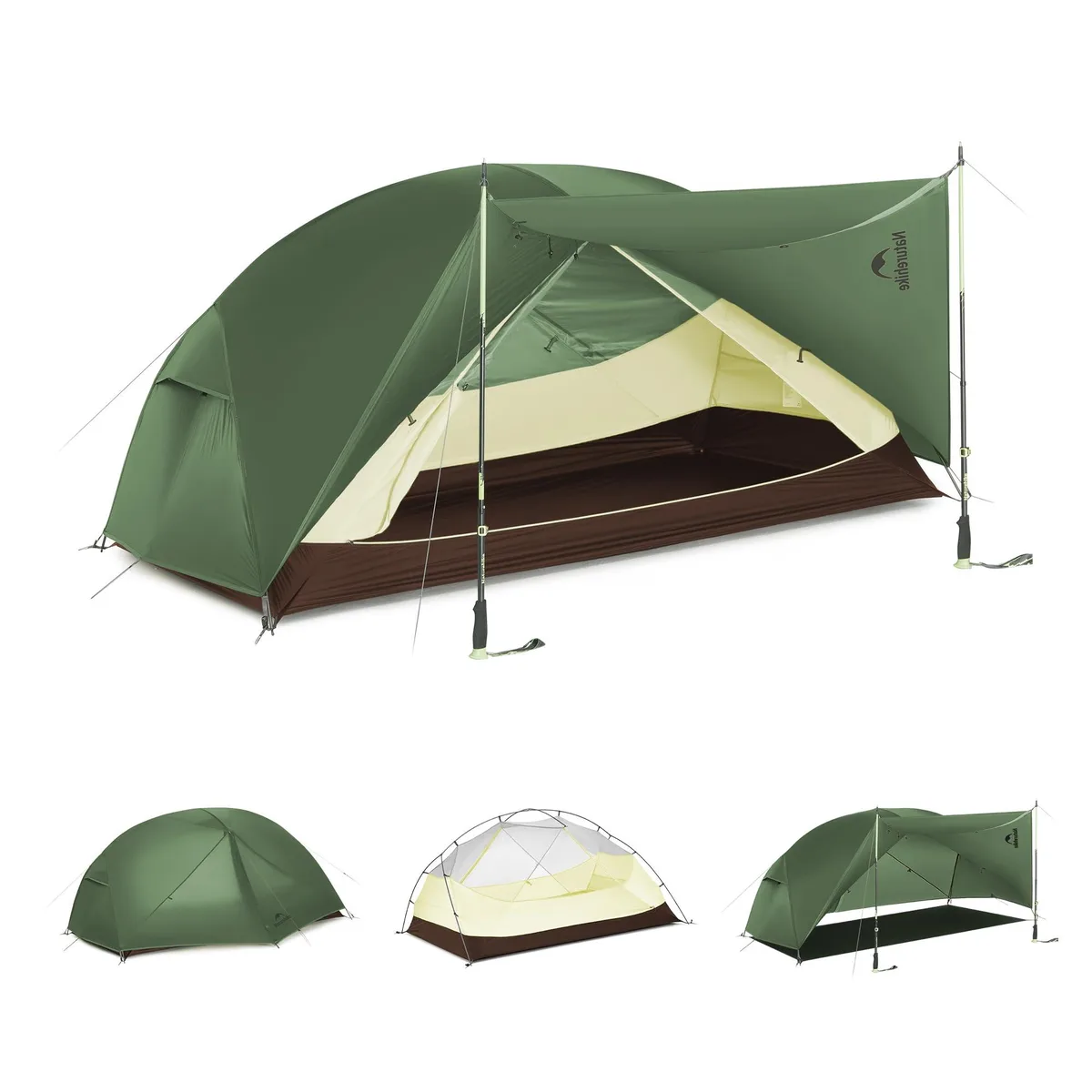 Forest green two-person backpacking tent with rainfly and awning, packed weight 2.75 kg