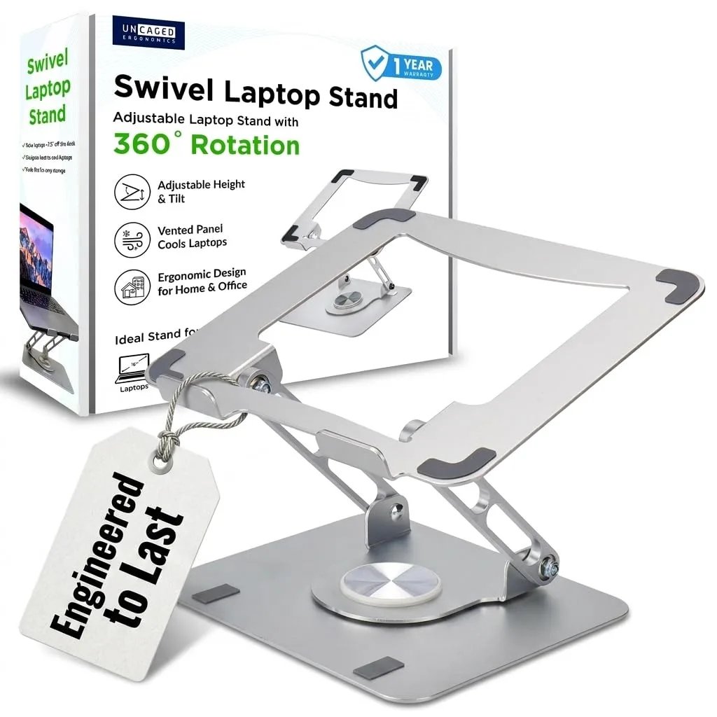 Silver laptop stand with rotating base and vented deck, folds flat