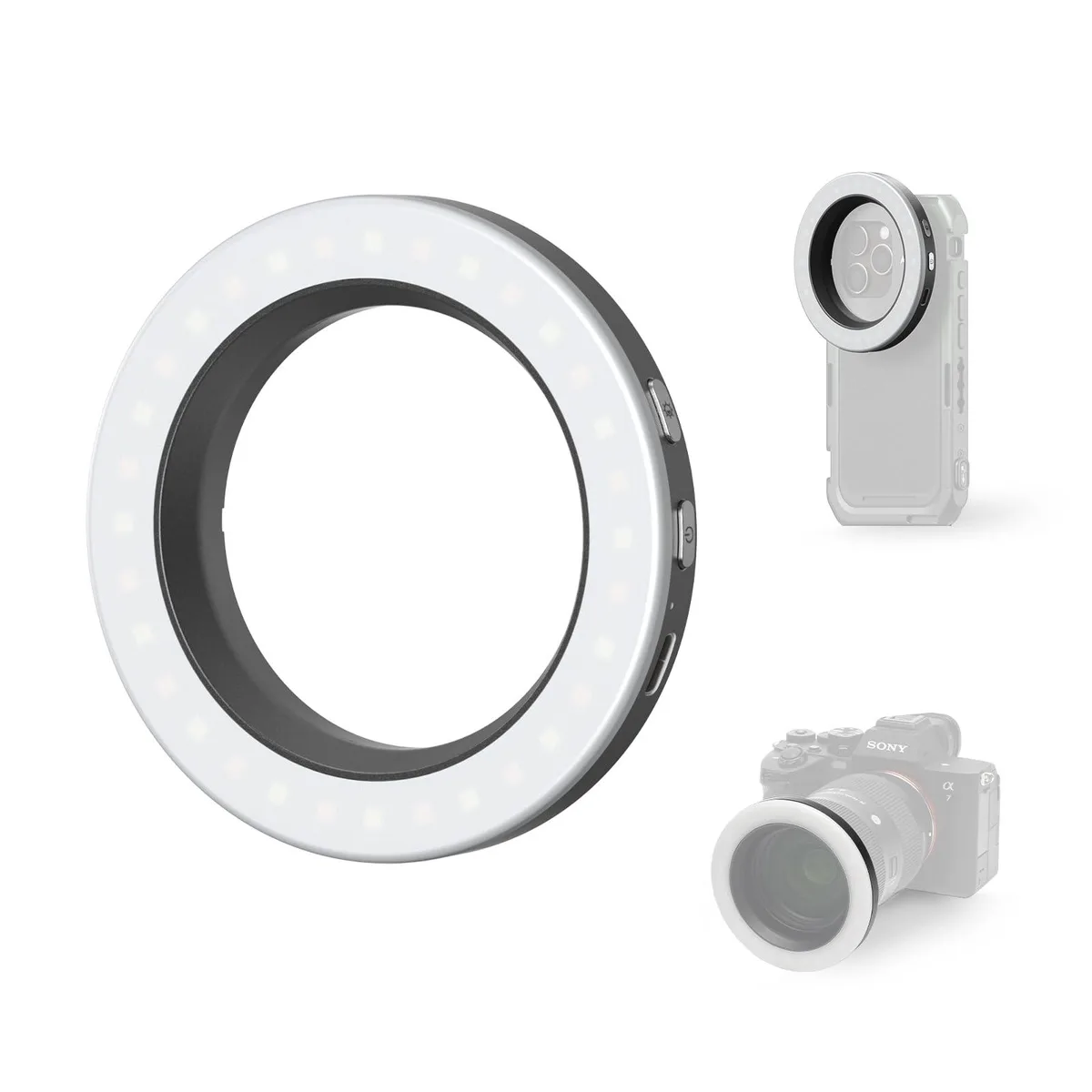 Compact 67mm threaded ring light, sandblasted aluminium and ABS, 92 by 92 by 13 millimetres, 39.5 grams
