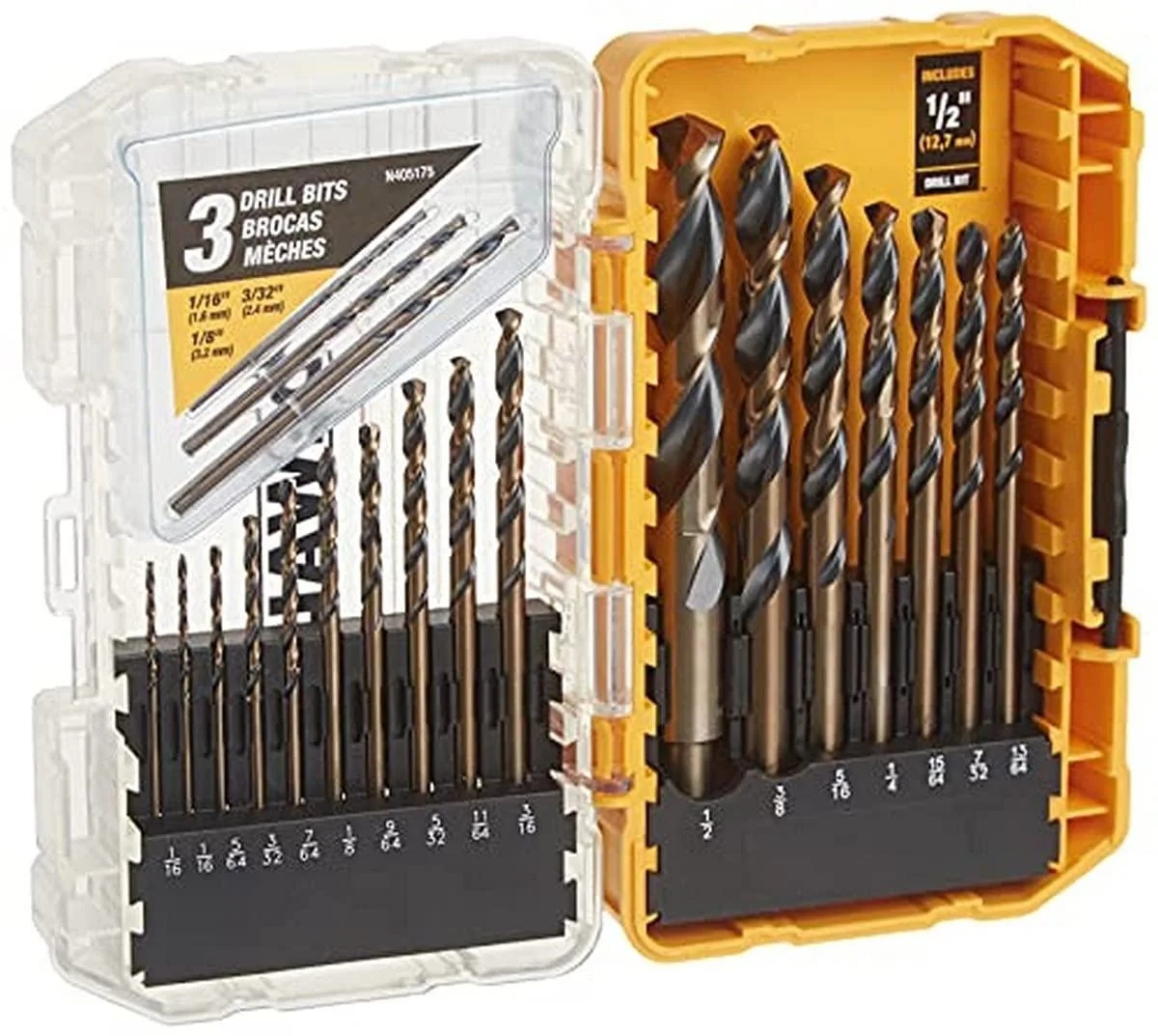 Rectangular black oxide drill bit set in plastic case, 20 pieces, gold split-point tips, 3-flat shanks