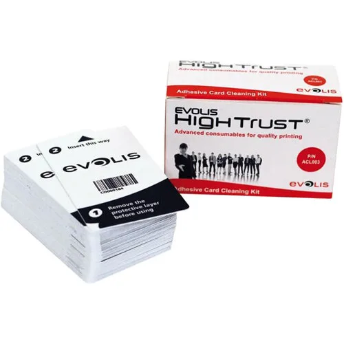 White rectangular box containing fifty adhesive cleaning cards for Evolis Primacy printers