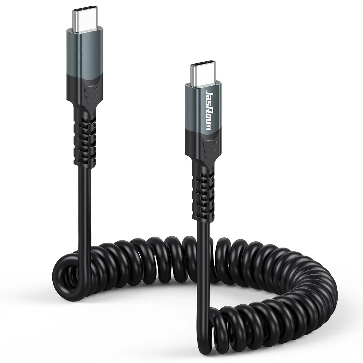 Coiled USB-C cable, black spring form, 6ft extended length