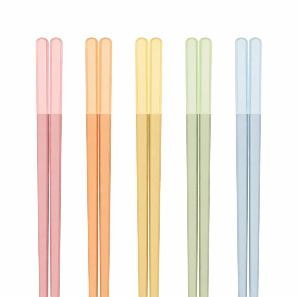 Five pairs of 9.5in matte pastel fiberglass chopsticks with square handles and frosted tips