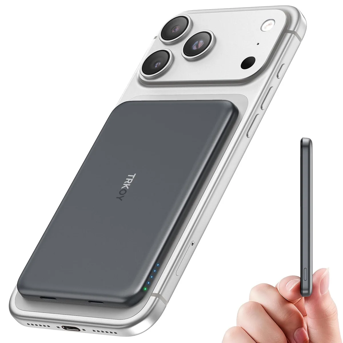 Slim graphite gray magnetic power bank with USB-C port