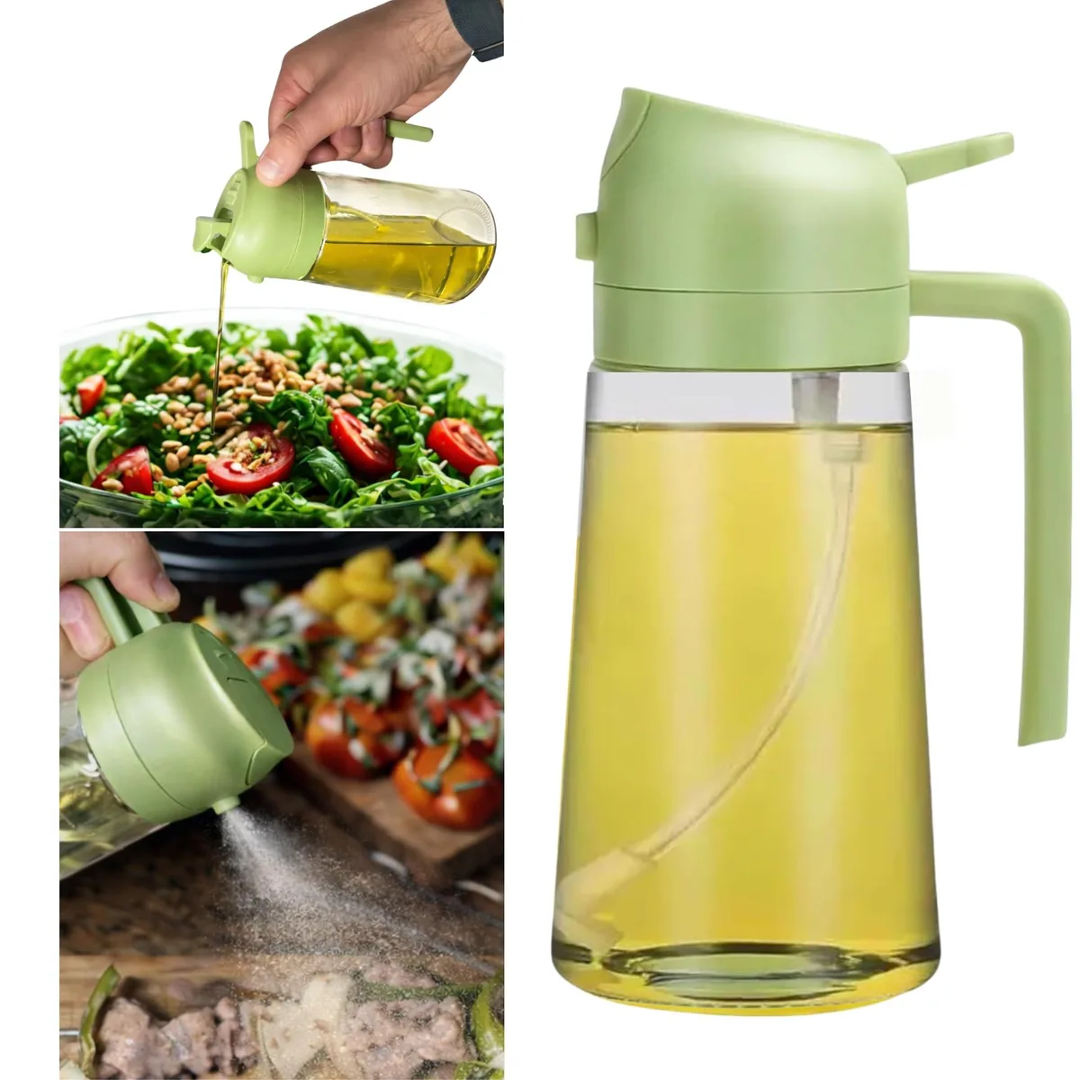 Clear glass oil sprayer and pourer with rear handle, 500ml capacity
