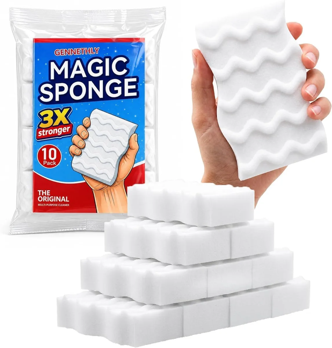 Ten white rectangular foam sponges with wavy contoured sides in a row