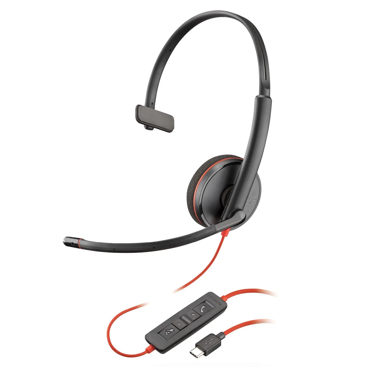 Monaural on-ear headset in matte black with adjustable metal headband, boom microphone and inline USB-C control module