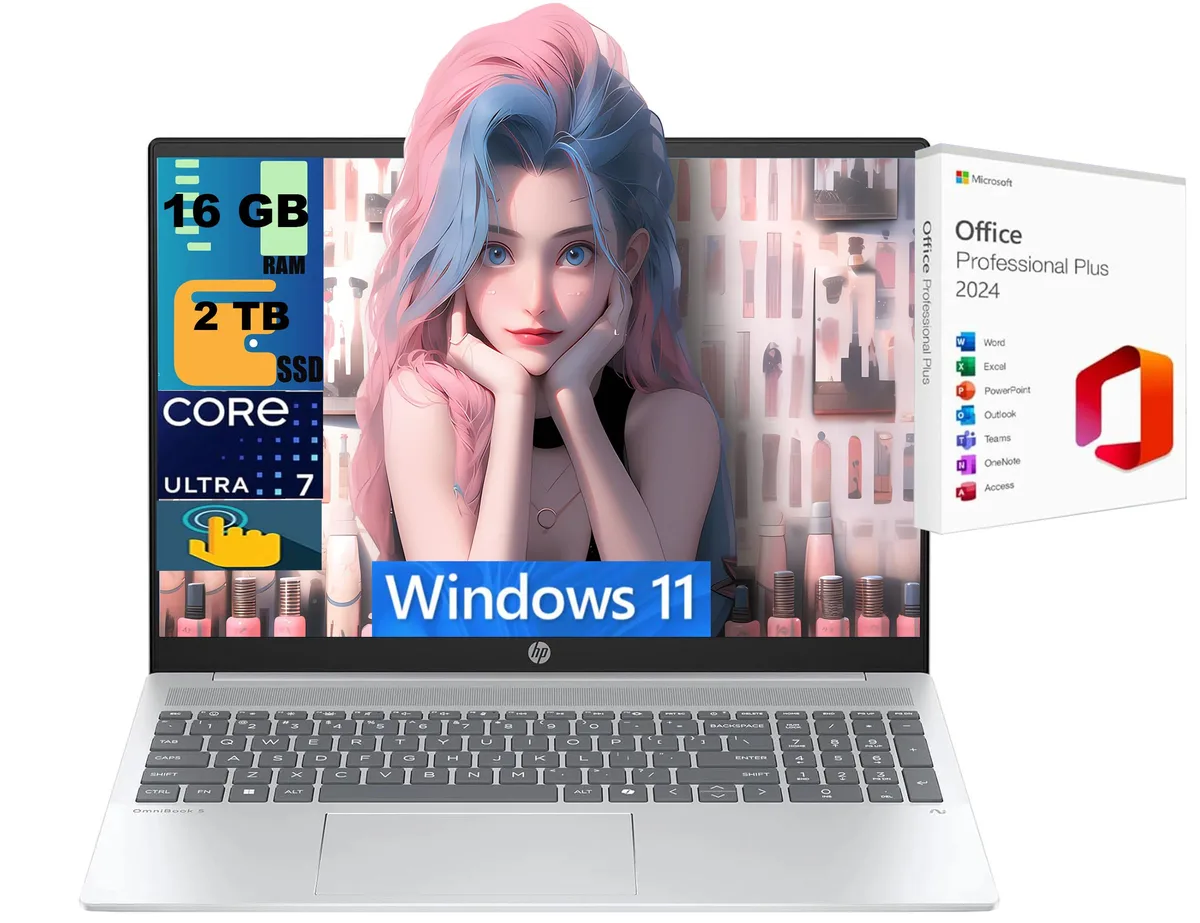 HP HP OmniBook 5 16 laptop Intel Core Ultra 7 255U 12-core 16GB 2TB SSD 16" WUXGA touchscreen Silver — product photo