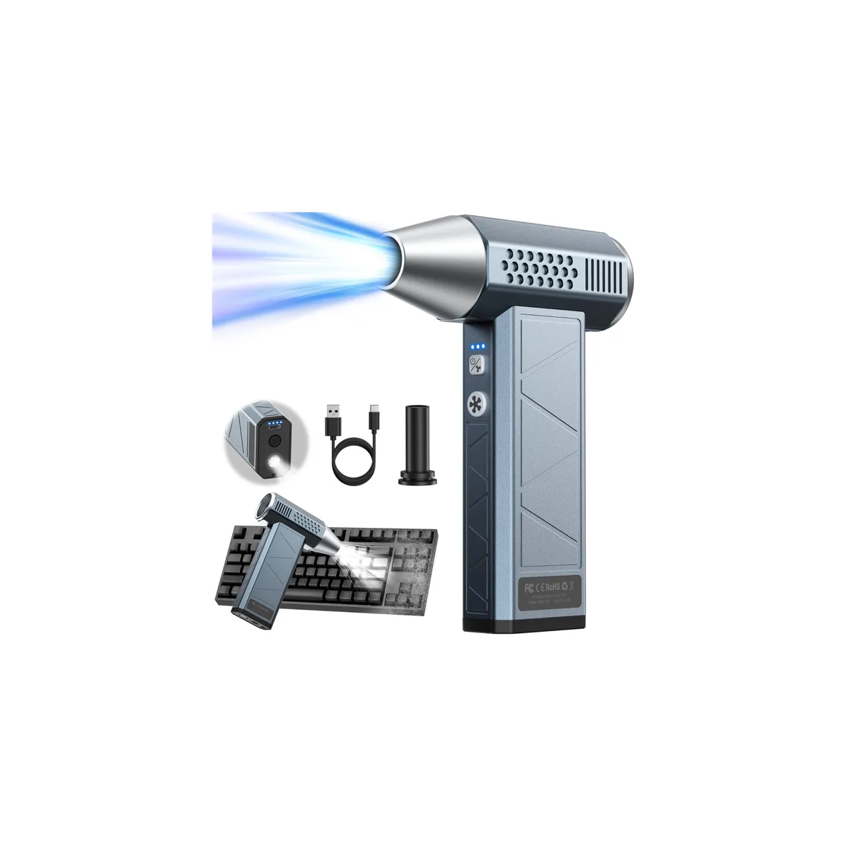 Silver cylindrical cordless air duster with USB-C port and flashlight