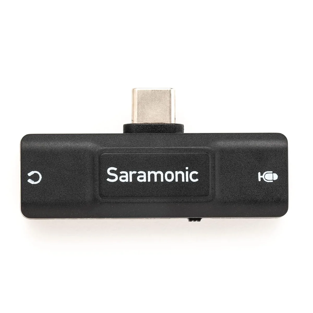 Small black USB-C audio adapter with two 3.5 mm jacks