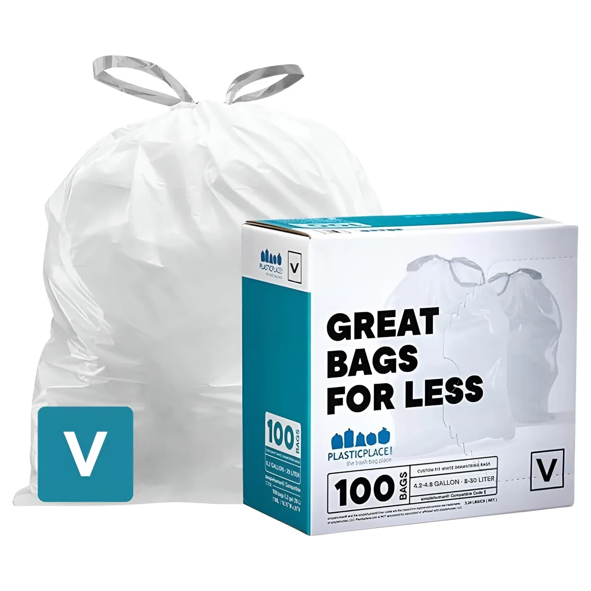 White drawstring trash liners in rectangular pack, 100 count, 4.8 gallon capacity