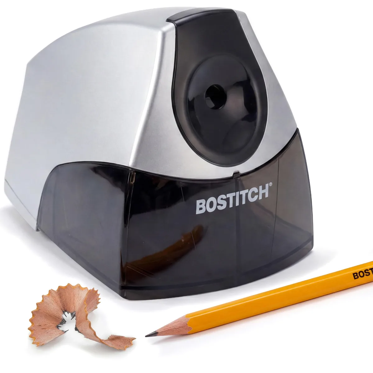 Silver plastic electric pencil sharpener, compact rectangular shape
