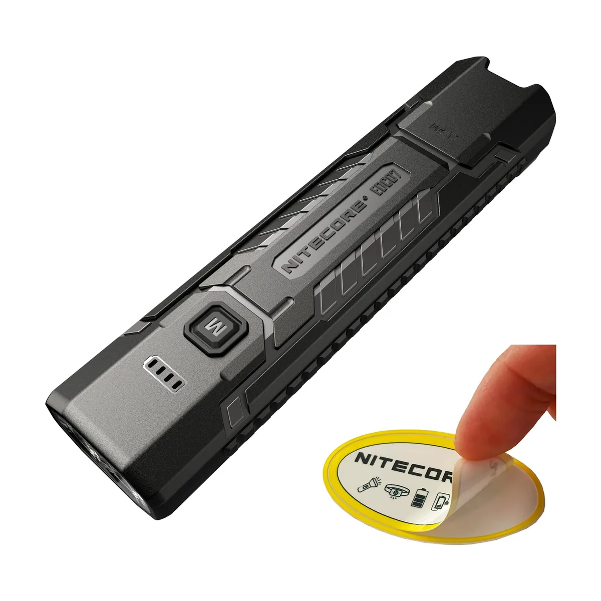 Black flat rectangular flashlight with dual side buttons and USB-C port