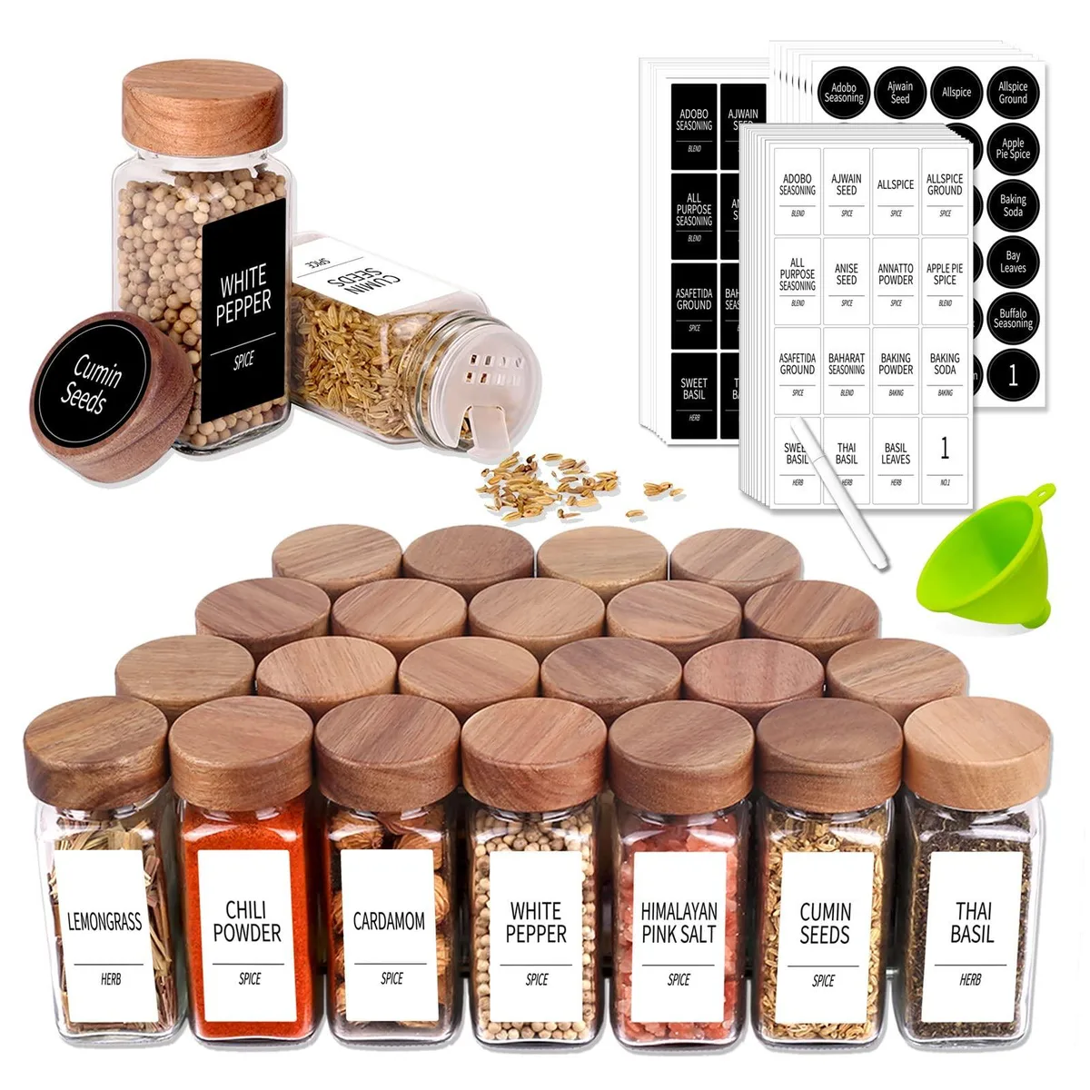 24 square glass spice jars with acacia wood lids and shaker tops, red silicone funnel, chalk pen, and label sheets
